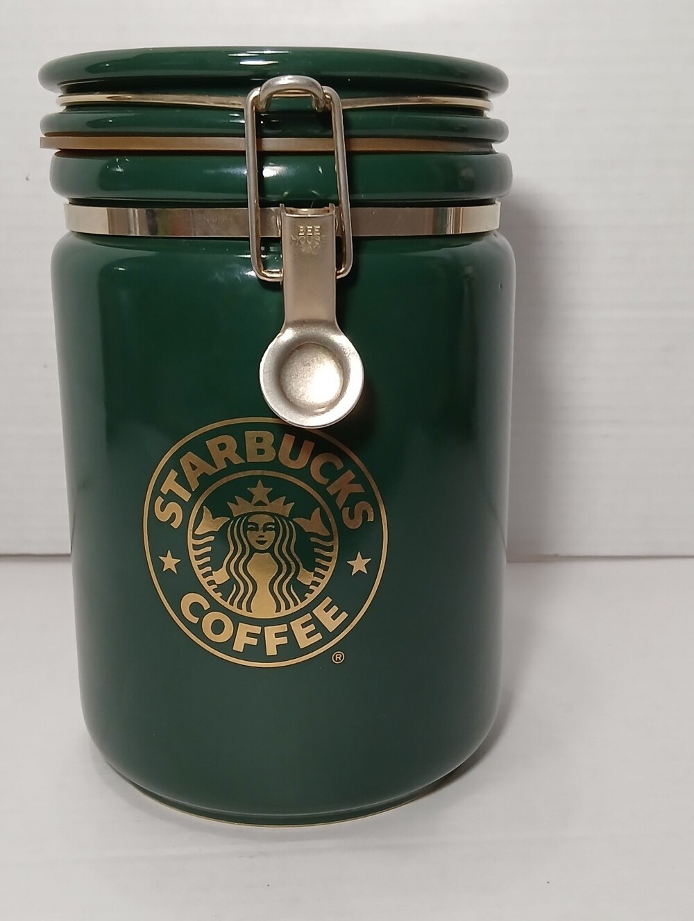 Starbucks Ceramic Coffee Canister Gold Mermaid Logo Green 8"